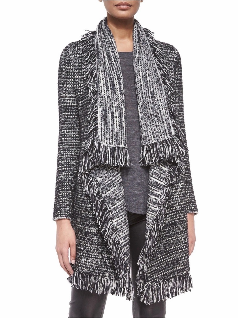 Stunning VINCE Wool Woven Fringe Open-Front Coatigan in Black & White Medium